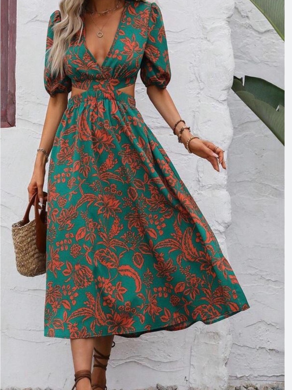 SHEIN Green & Rust Floral Cutout Midi Dress